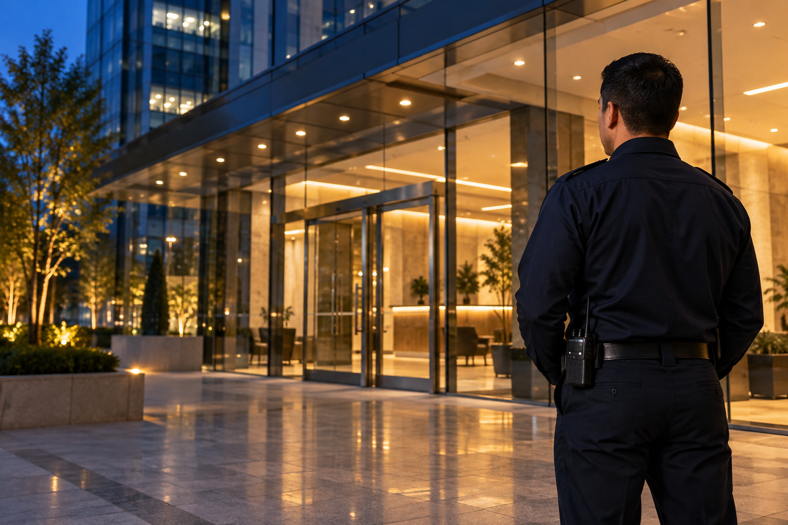 Imagen ilustrativa de un profesional de seguridad en el acceso de un edificio